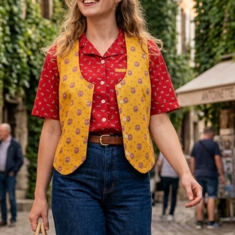 Vintage Sz M Les Olivades 100% Cotton Red Top With Yellow Butterfly Vest